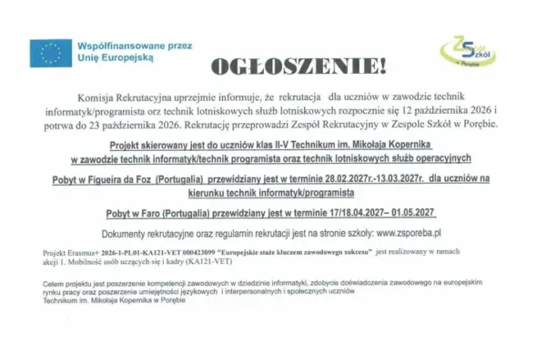 Rusza nabór do projektu Erasmus+ w ZS Poręba – staże w Portugalii dla uczniów