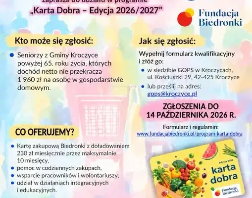 Karta Dobra 2026/2027 – seniorzy z gminy Kroczyce mogą otrzymać 230 zł miesięcznie