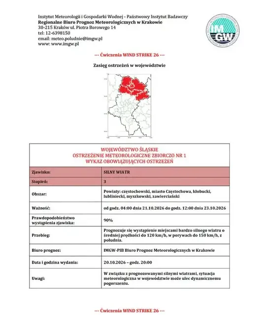 Gmina Szczekociny ostrzega: ćwiczenia WIND STRIKE 26 z ćwiczebnym alertem pogodowym