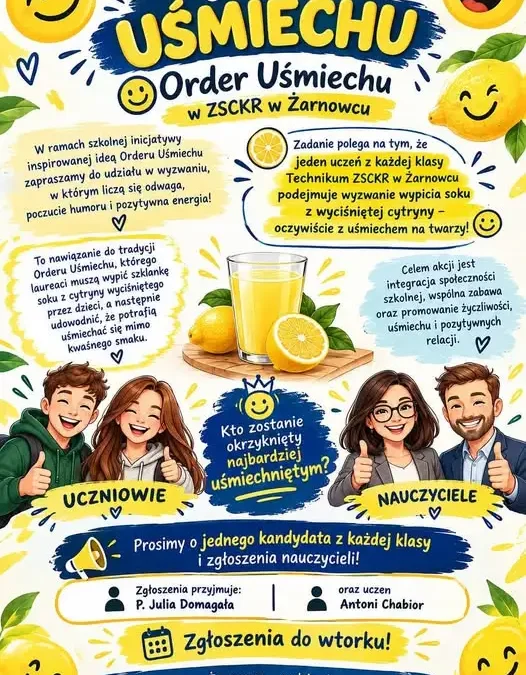 „Wyzwanie Uśmiechu” w ZSCKR w Żarnowcu – uczniowie zmierzą się z cytryną