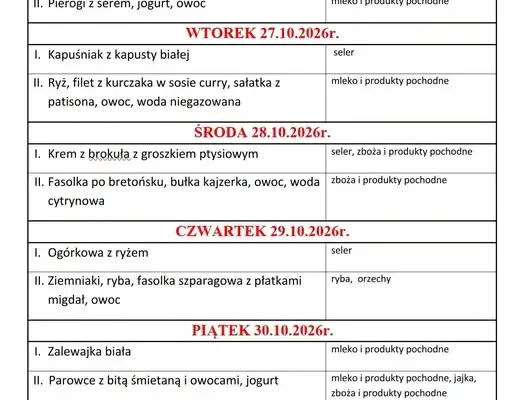Jadłospis na ostatni tydzień października w SP5 Zawiercie