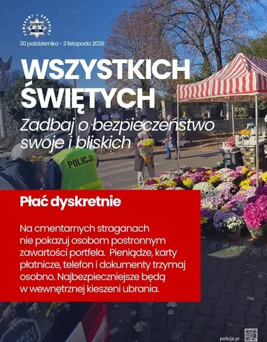 Bezpieczne Wszystkich Świętych: policja z Zawiercia apeluje o rozwagę przy cmentarzach